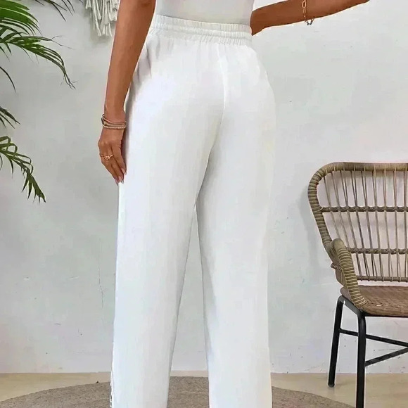 Boho Women's Patchwork Elastic Waist Slant Pocket Straight Leg Pants White - Picture 2 of 7